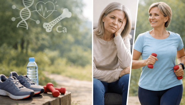 Femme ménopausée inactive vs femme active pratiquant une activité physique avec haltères pour préserver santé et énergie